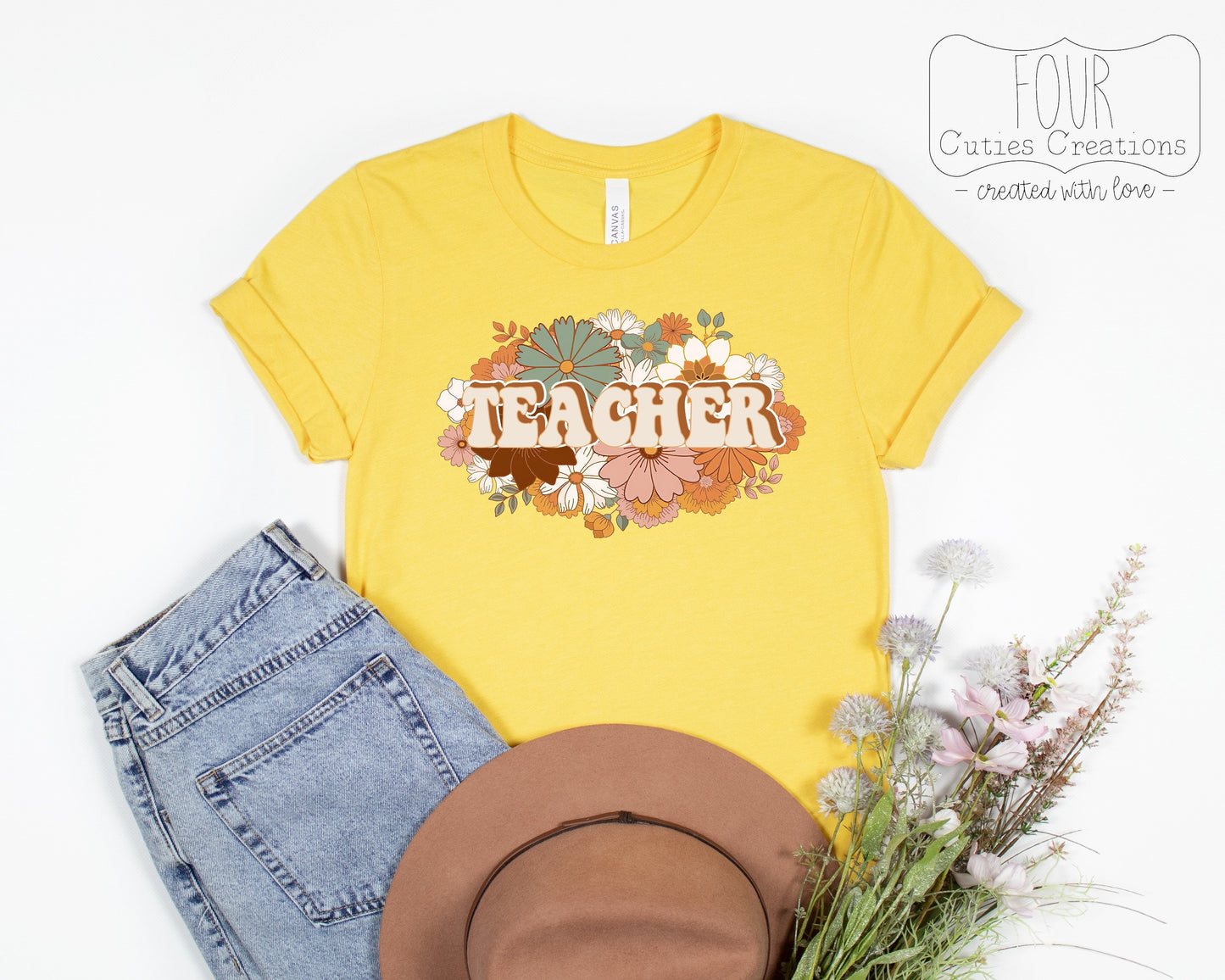 Retro Teacher Boho Flower Tee
