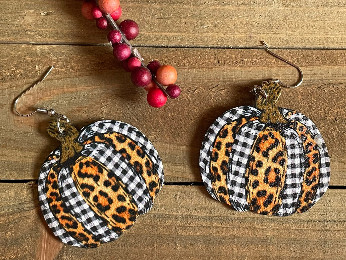 Leopard and Plaid Pumpkin Faux Leather Earrings