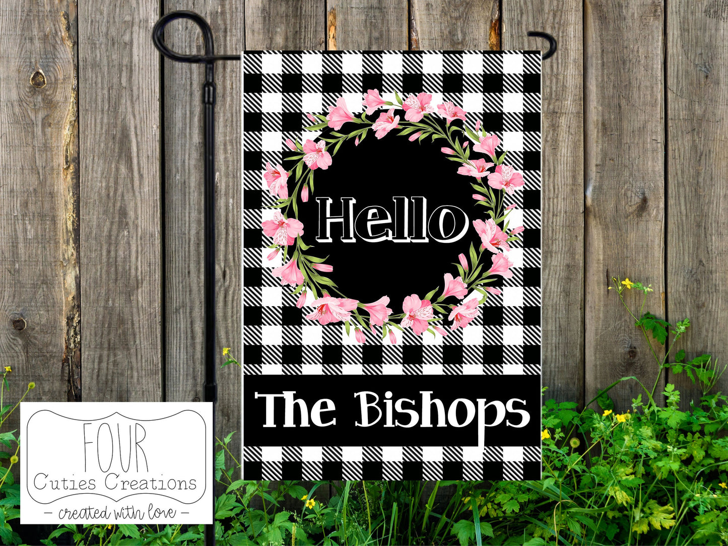 Spring Flowers and Buffalo Plaid Personalized Garden Flag
