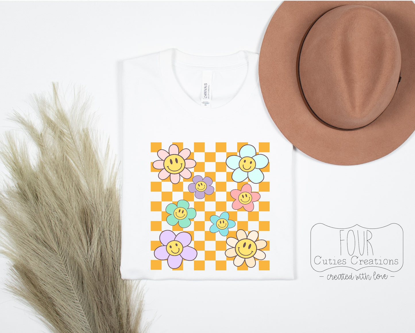 Checkered Smiley Face Flower Tee