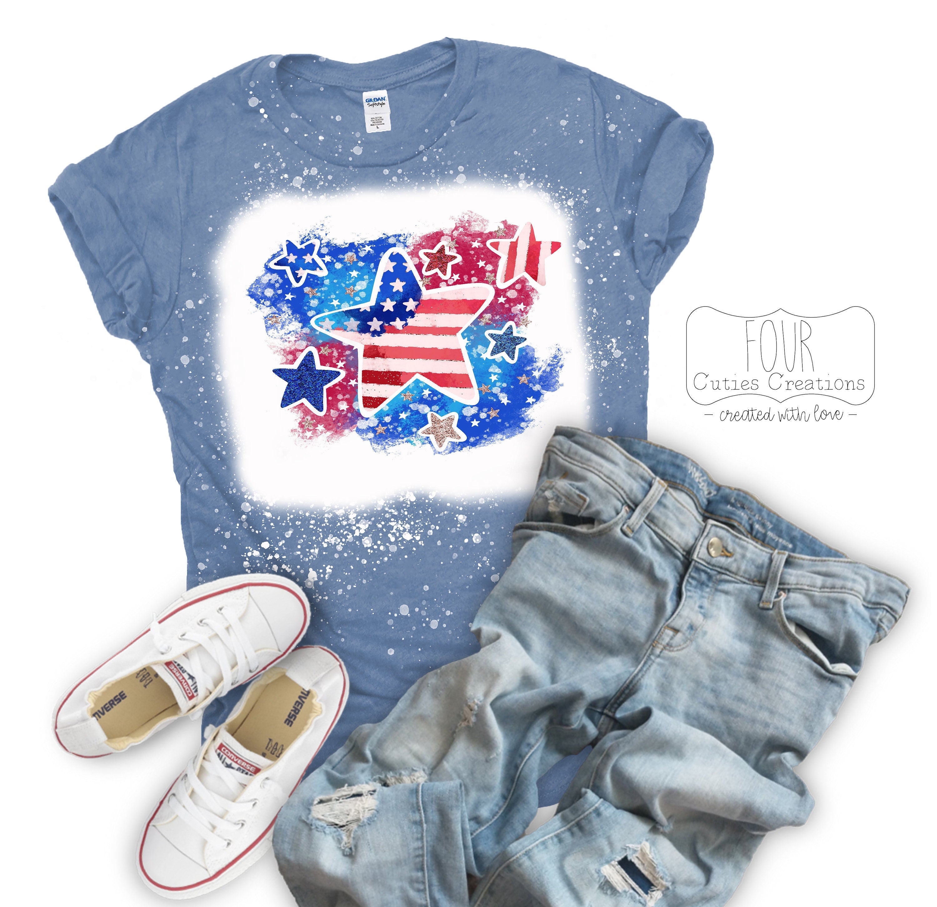 4th of July Tie Dye Stars Bleached/Solid Tee