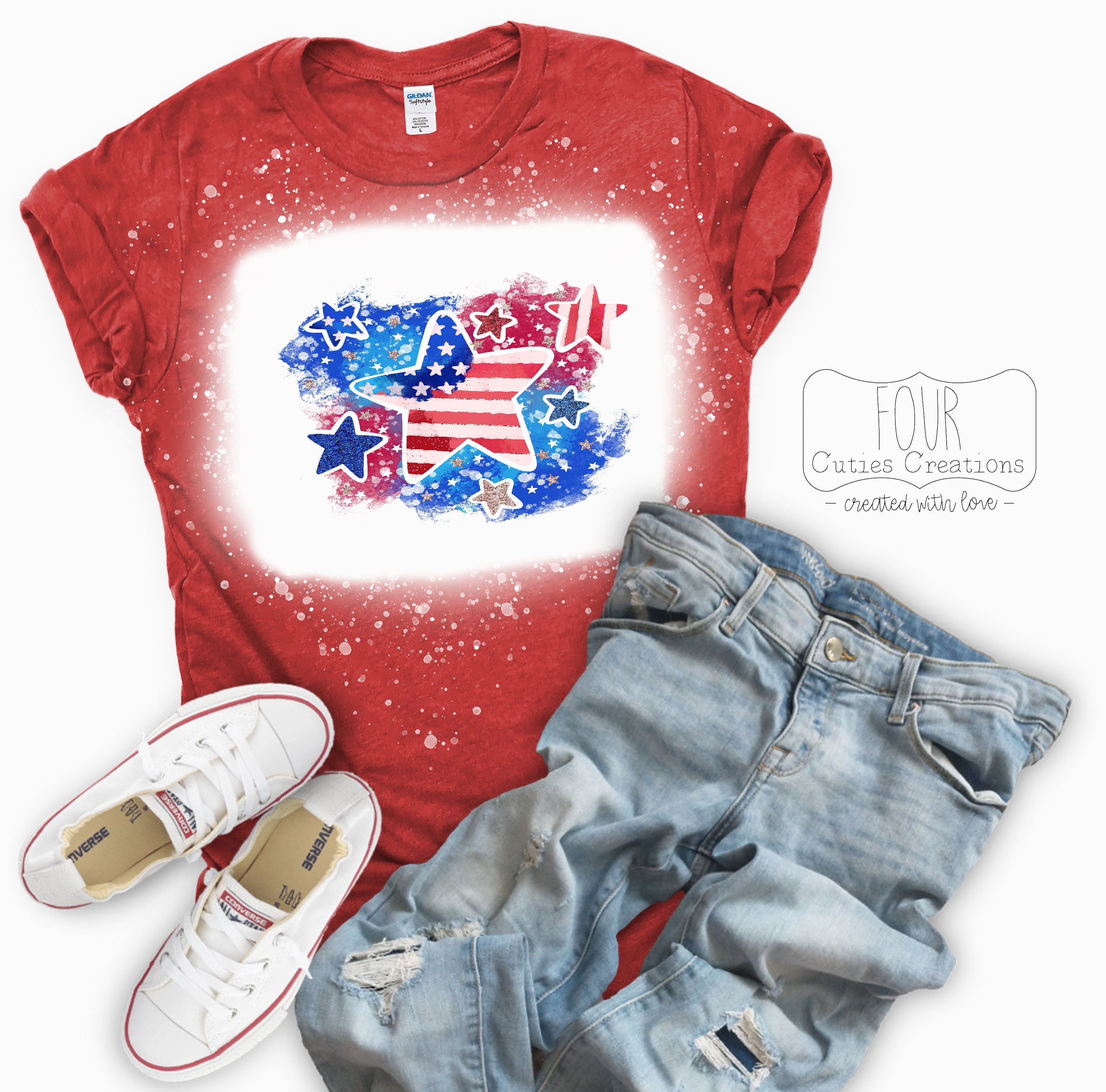 4th of July Tie Dye Stars Bleached/Solid Tee