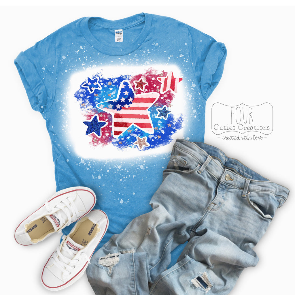 4th of July Tie Dye Stars Bleached/Solid Tee