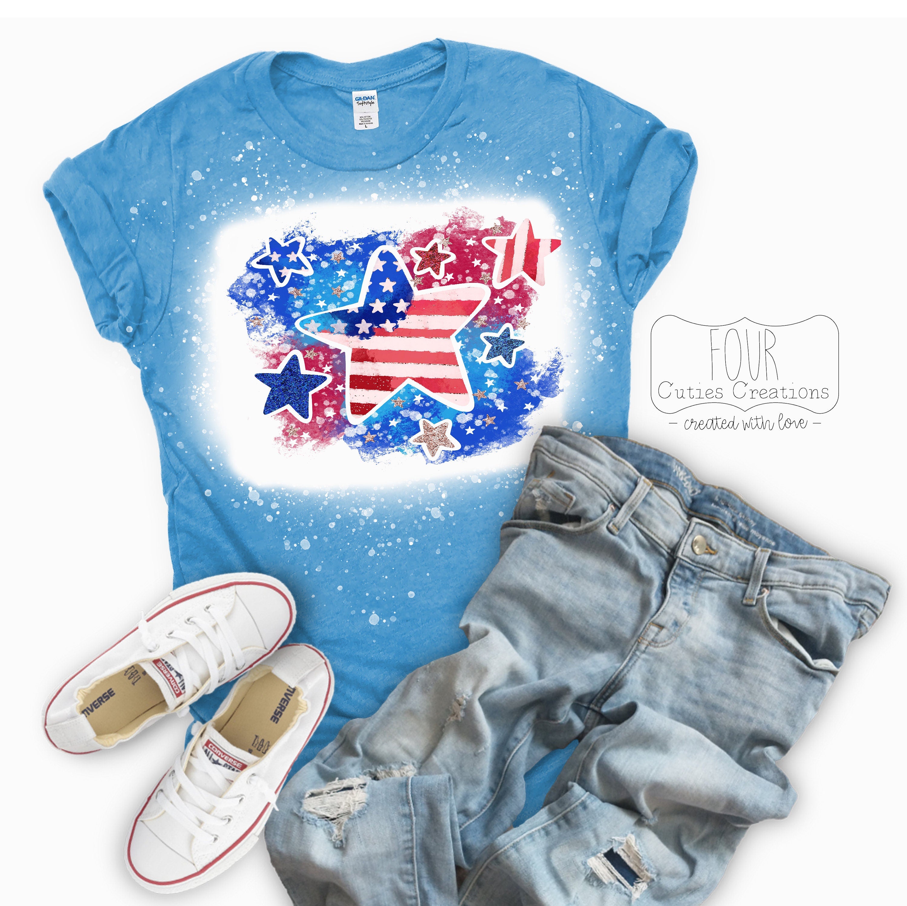 4th of July Tie Dye Stars Bleached/Solid Tee
