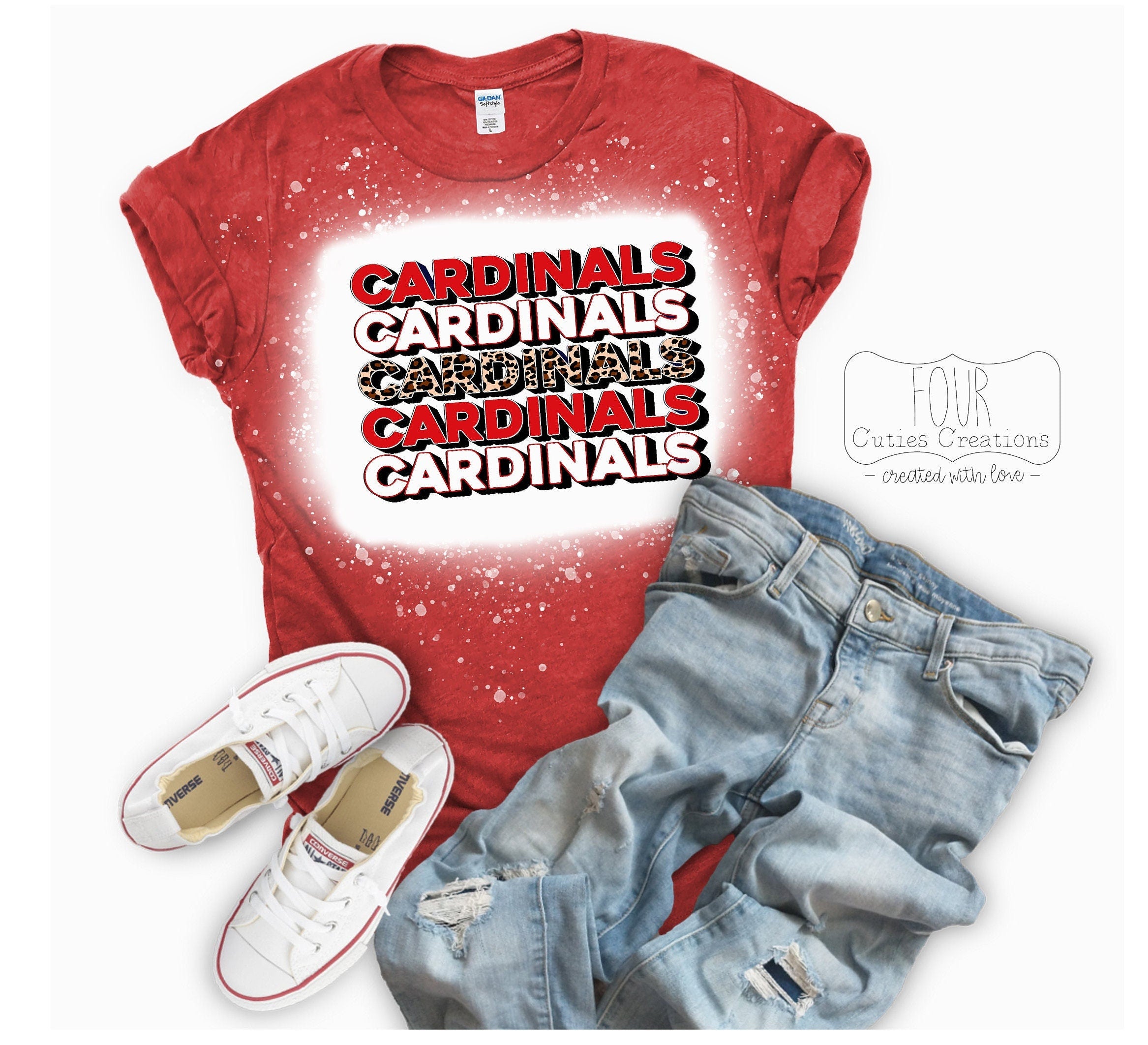 Cardinals Stacked Cheetah Print, Multi Color Print Bleached or Solid Tee
