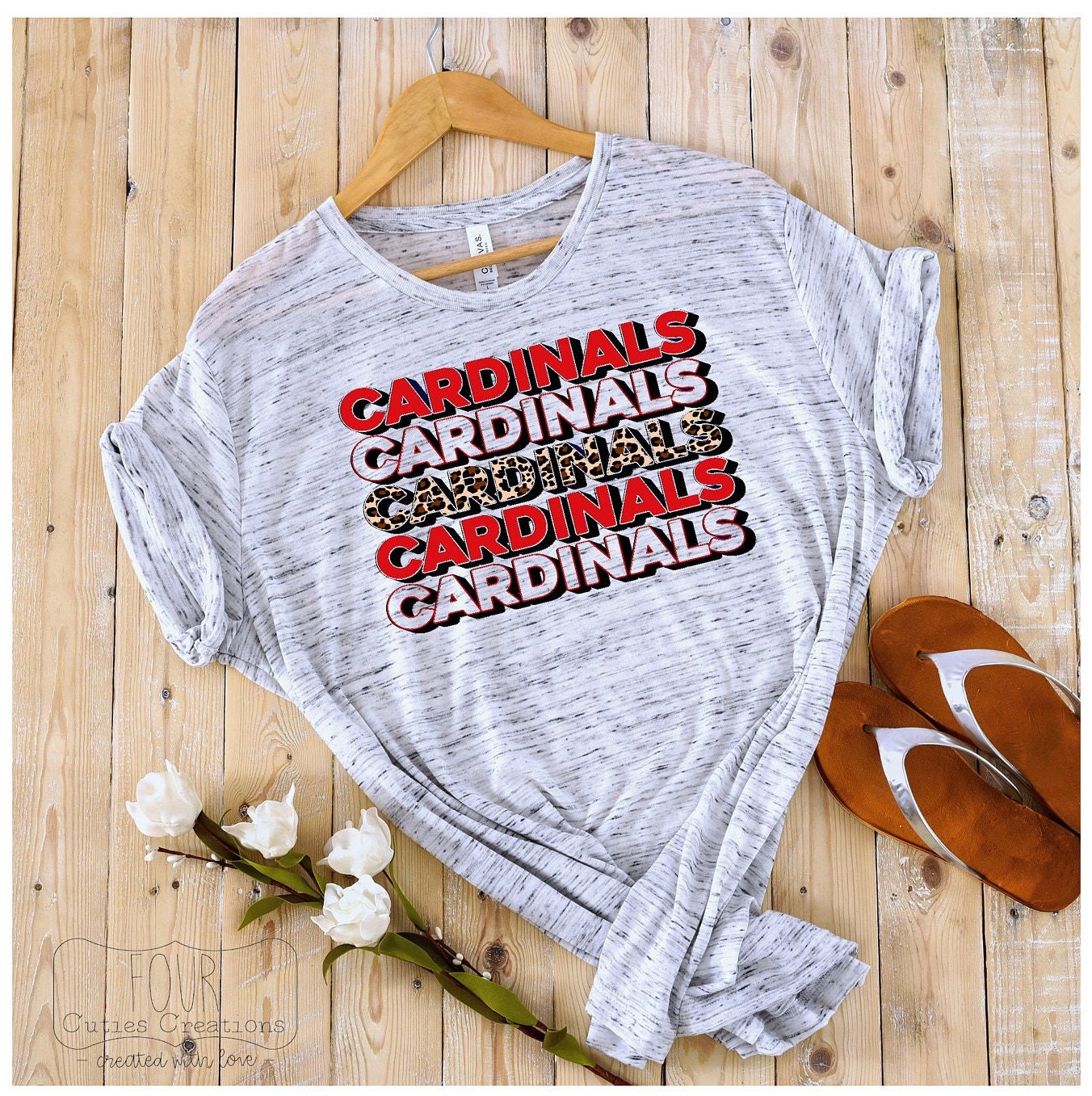 Cardinals Stacked Cheetah Print, Multi Color Print Bleached or Solid Tee