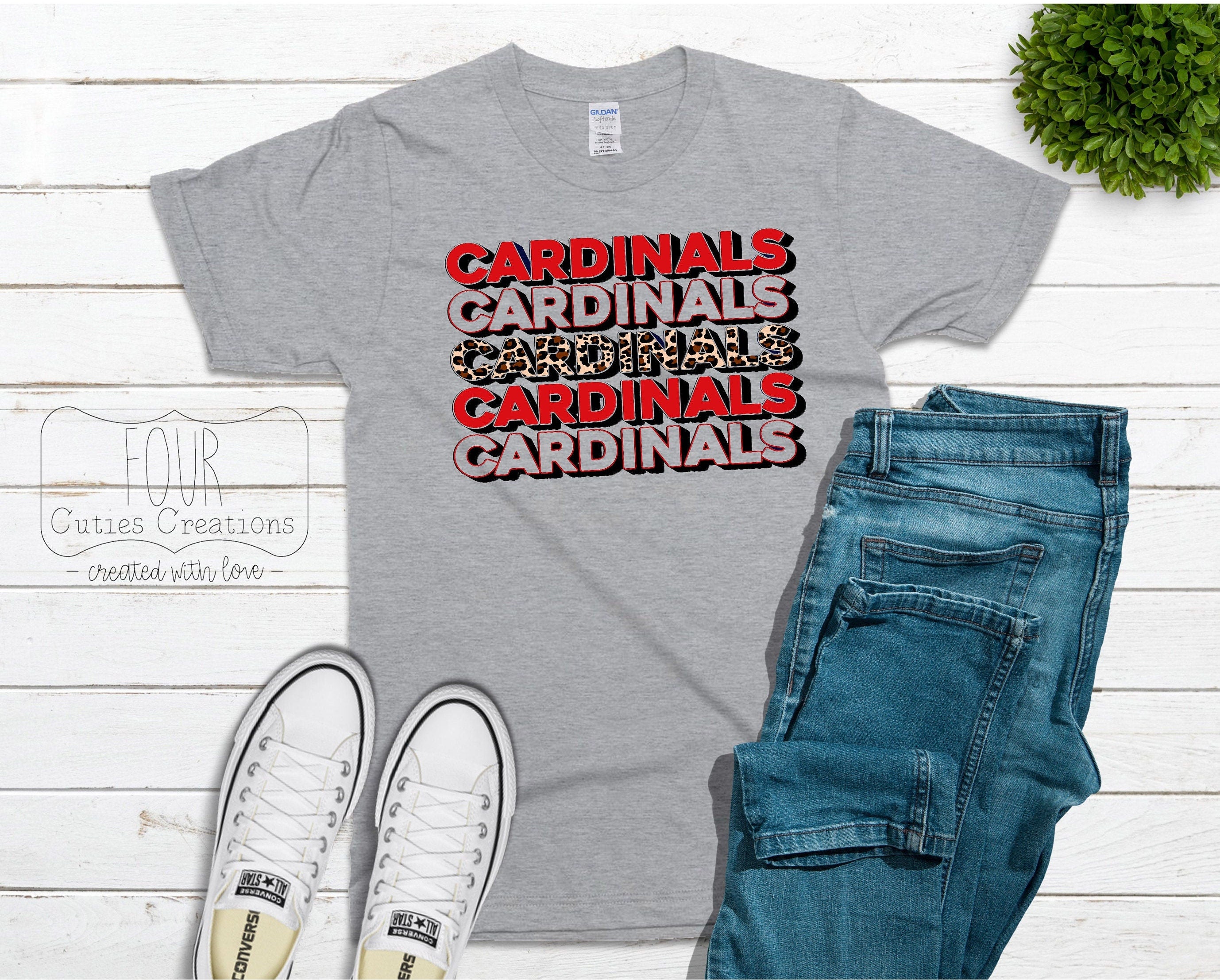 Cardinals Stacked Cheetah Print, Multi Color Print Bleached or Solid Tee