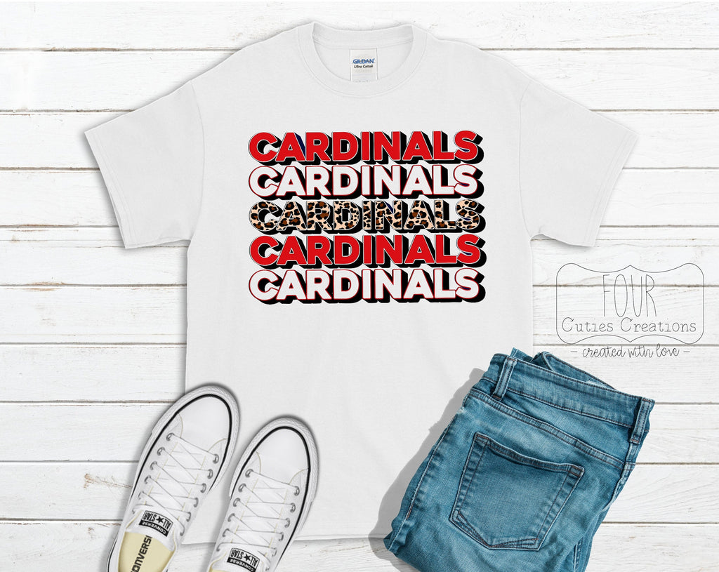 Cardinals Stacked Cheetah Print, Multi Color Print Bleached or Solid Tee