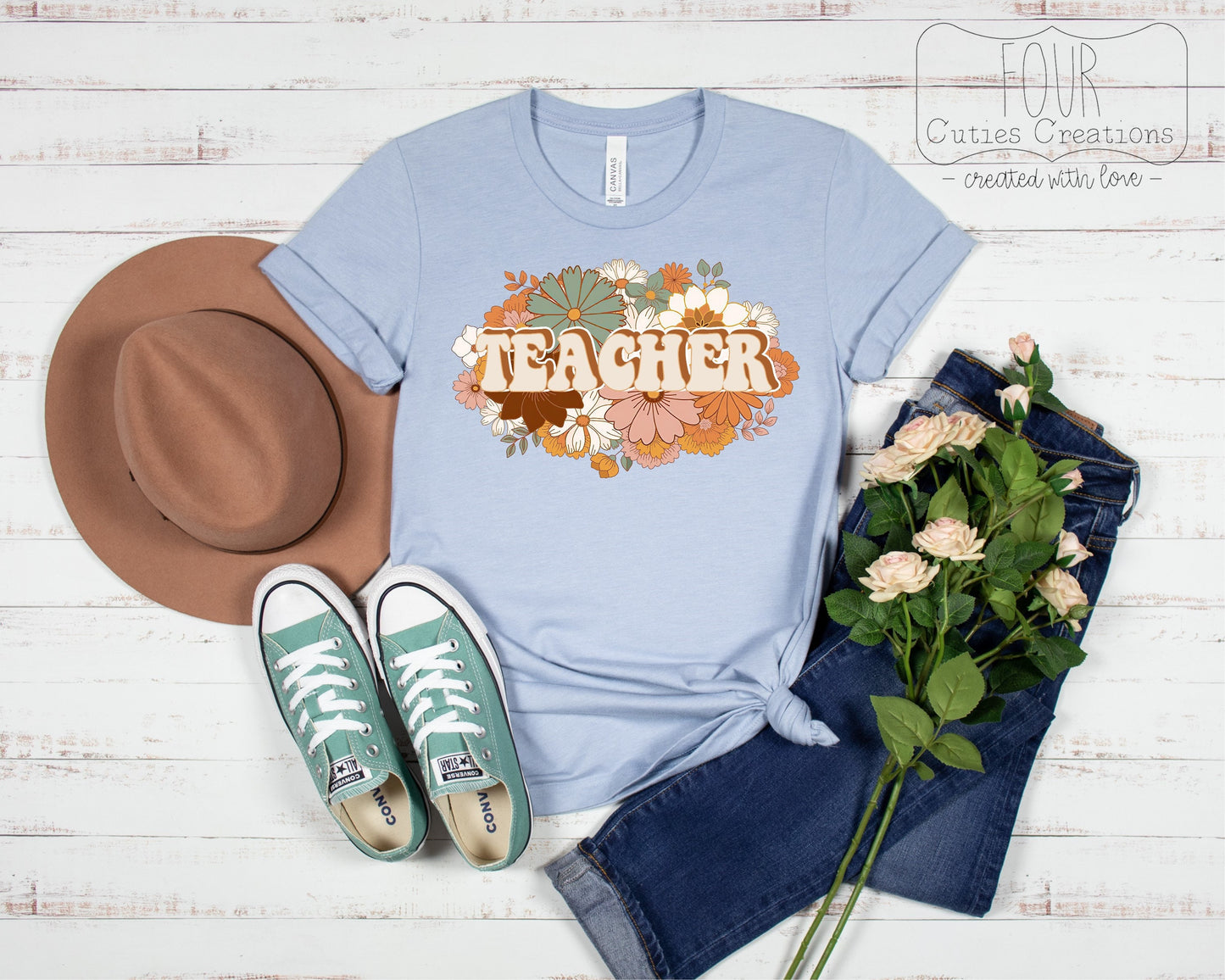 Retro Teacher Boho Flower Tee