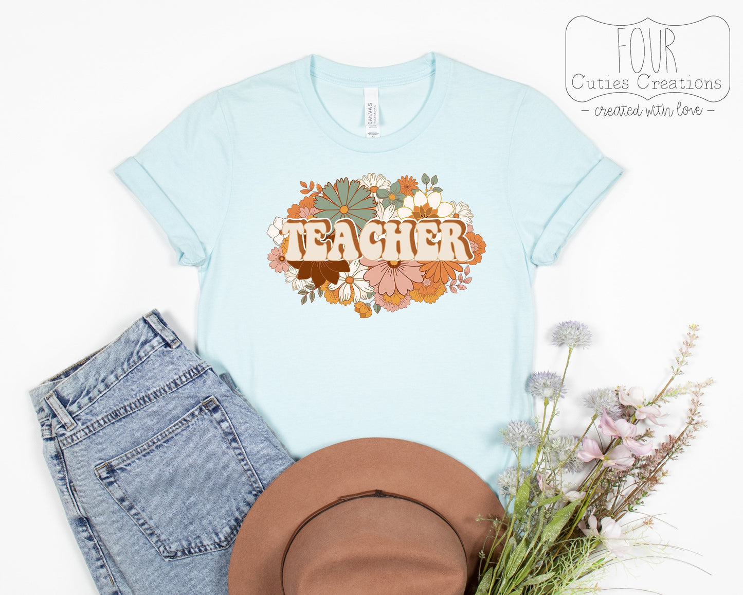 Retro Teacher Boho Flower Tee