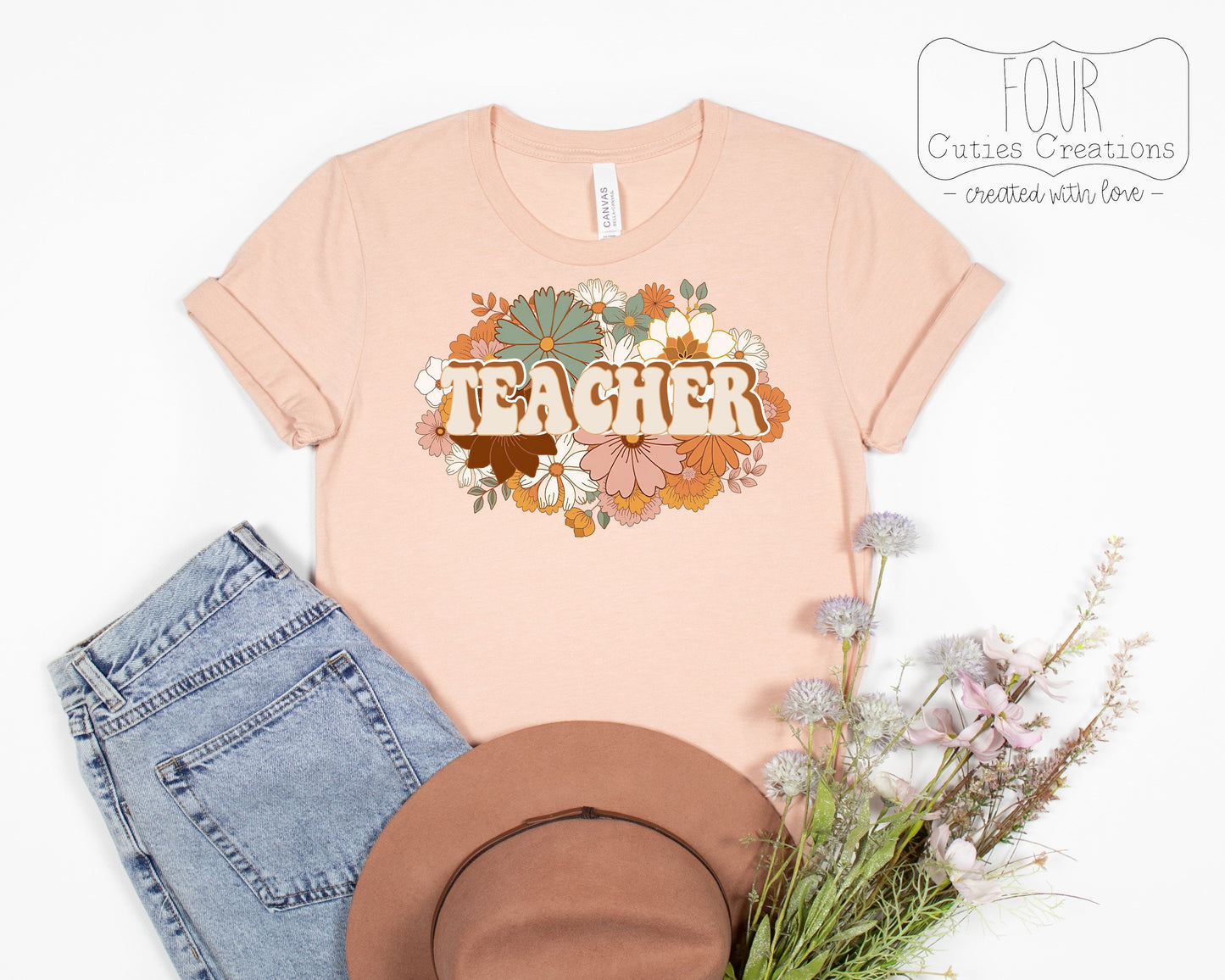 Retro Teacher Boho Flower Tee