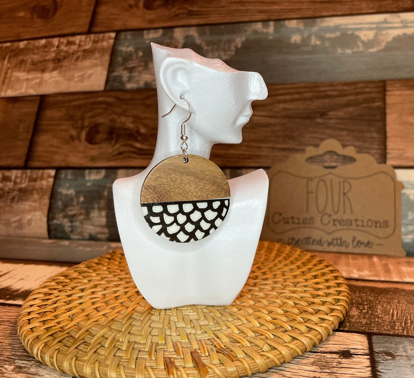 White & Wood Printed Earrings