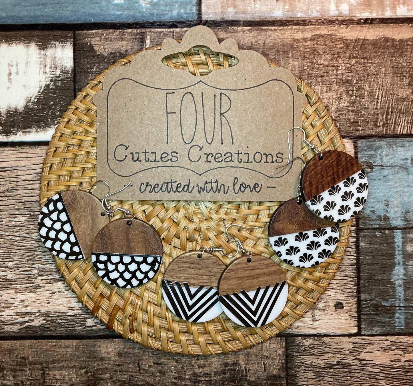 White & Wood Printed Earrings