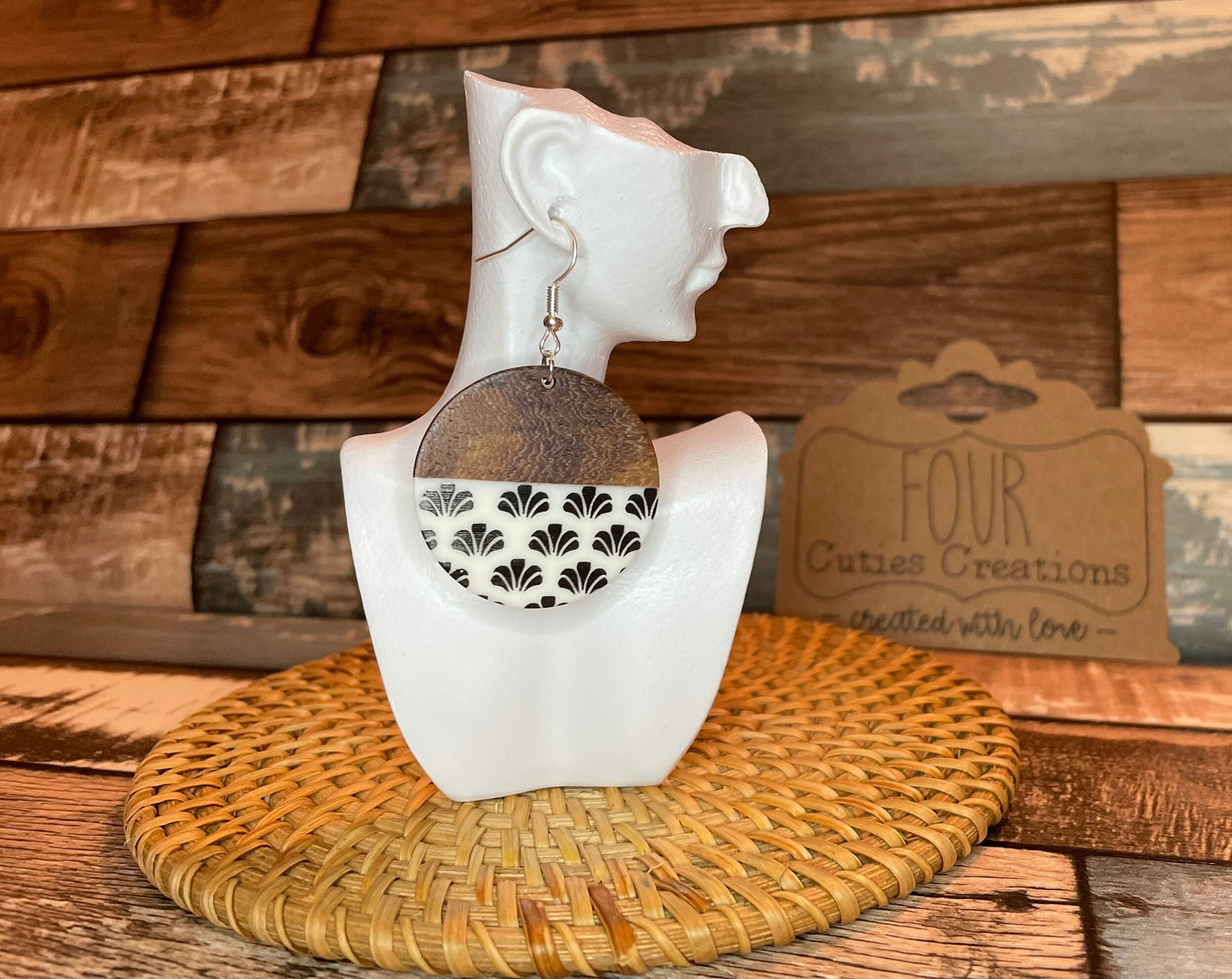 White & Wood Printed Earrings