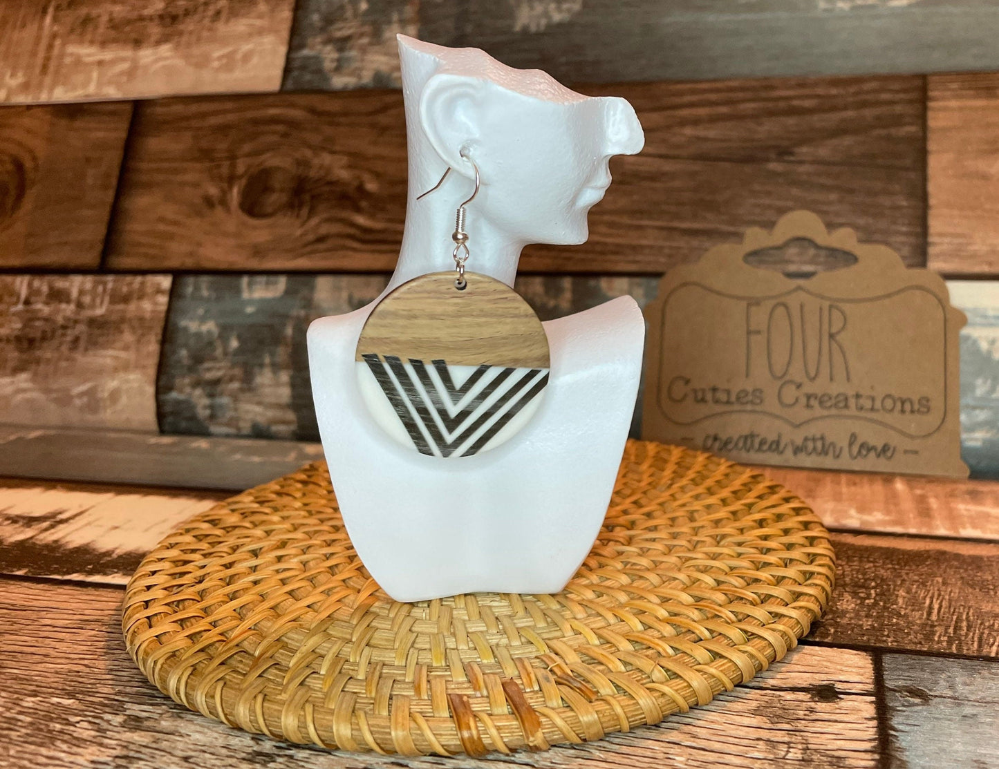 White & Wood Printed Earrings