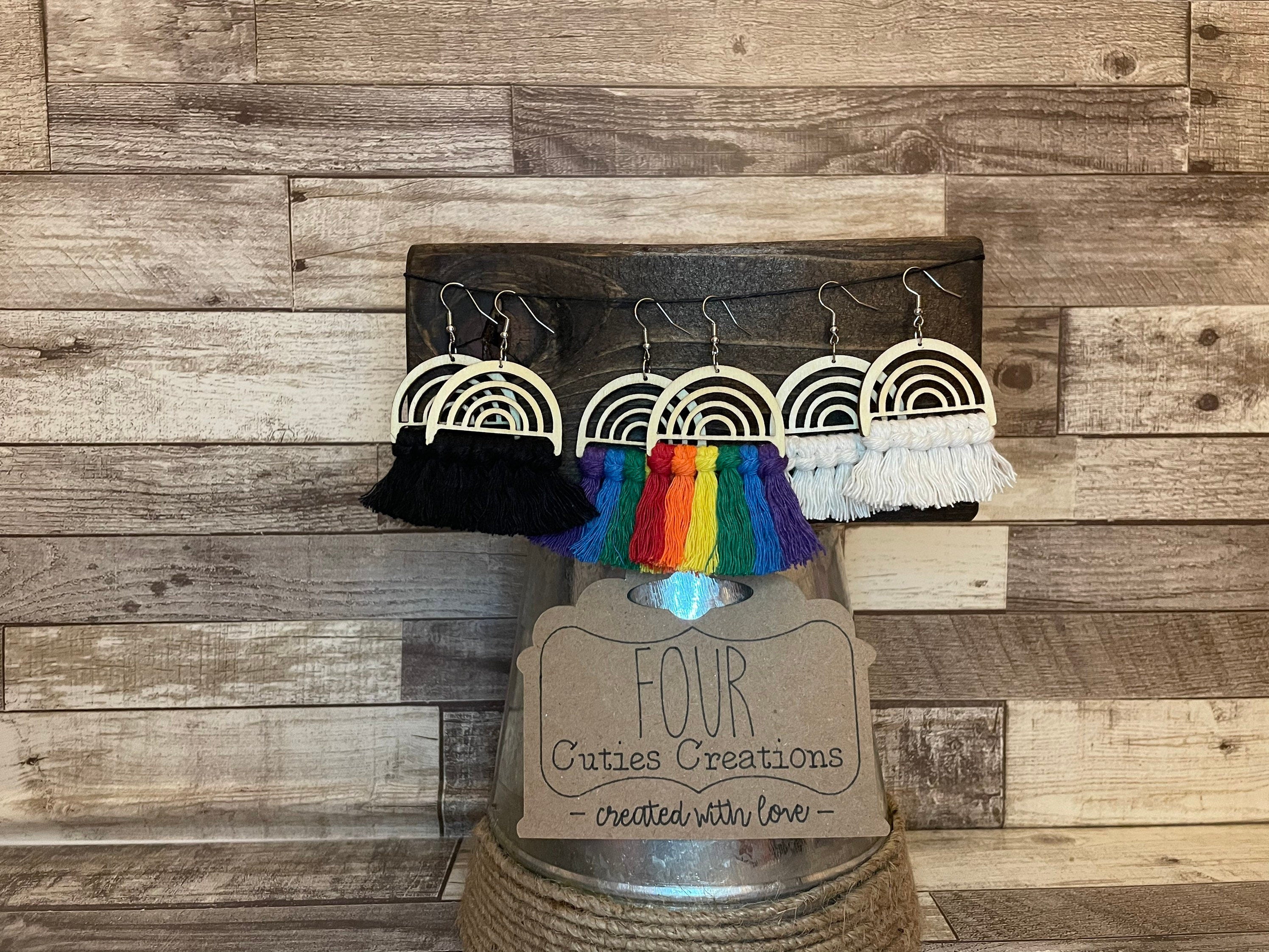 Wooden Rainbow Macrame Earrings