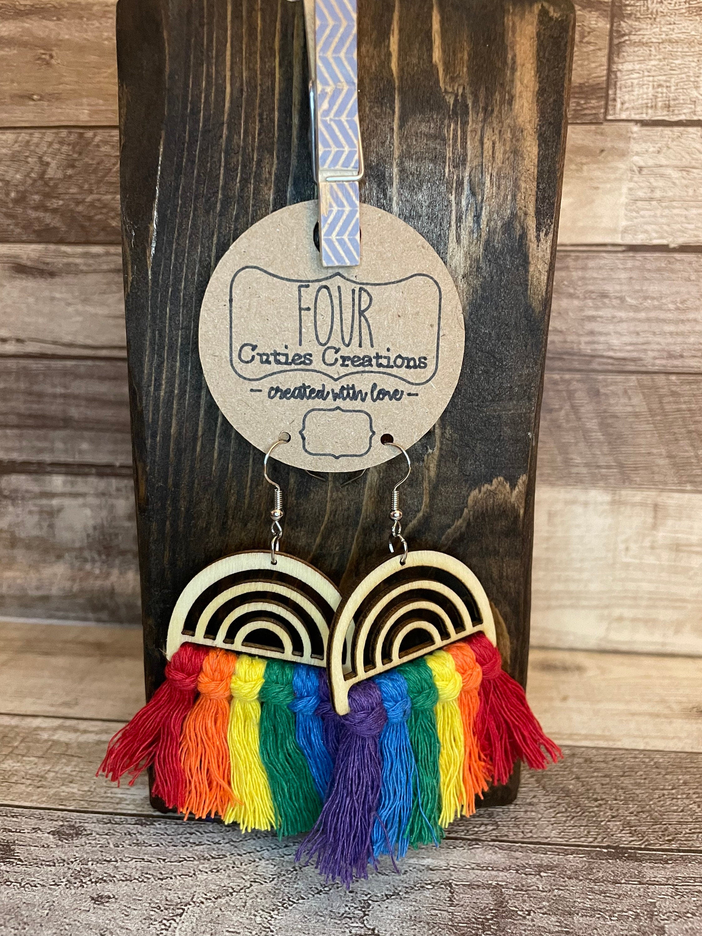 Wooden Rainbow Macrame Earrings