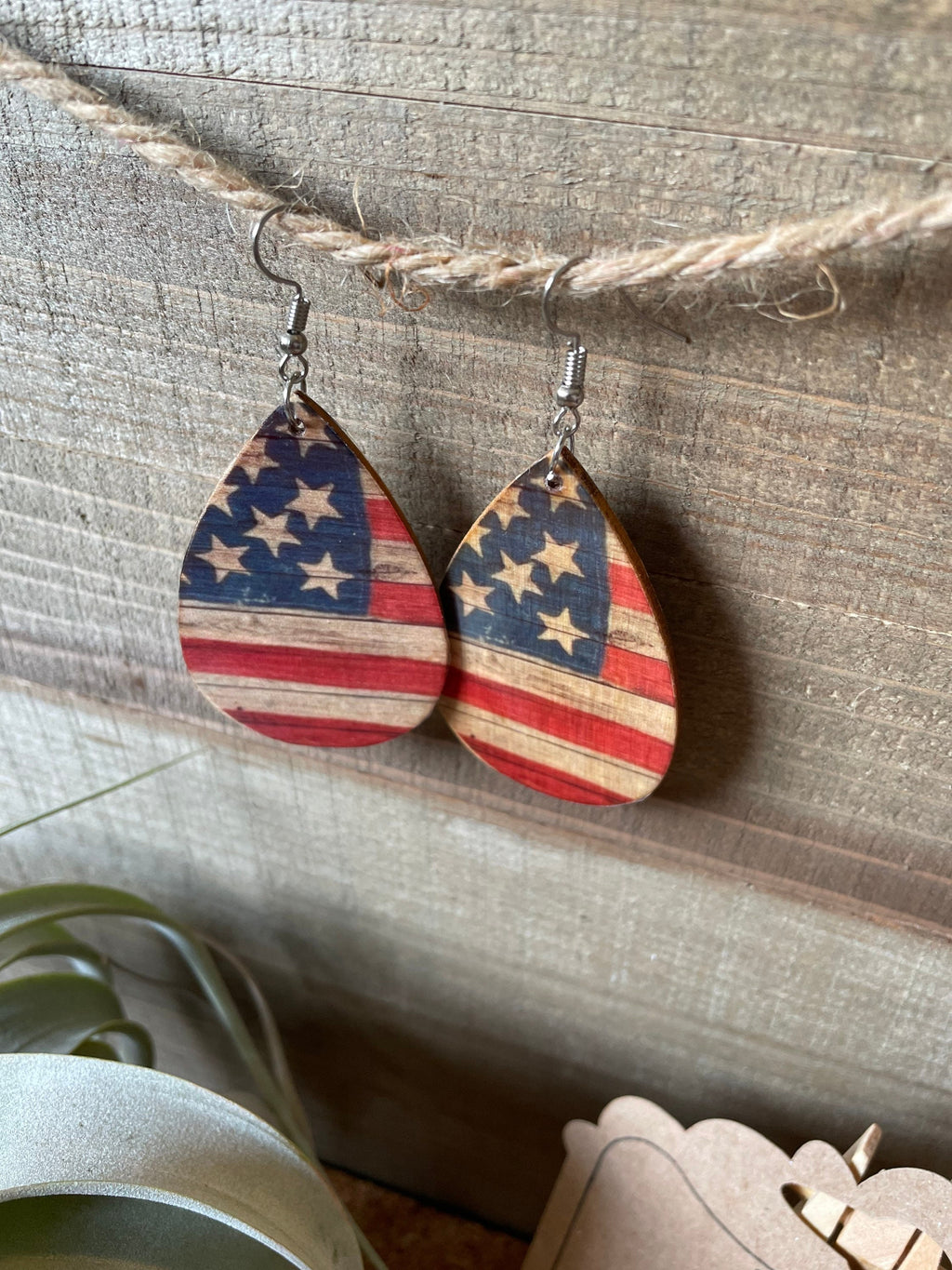 American Flag Wooden Earrings