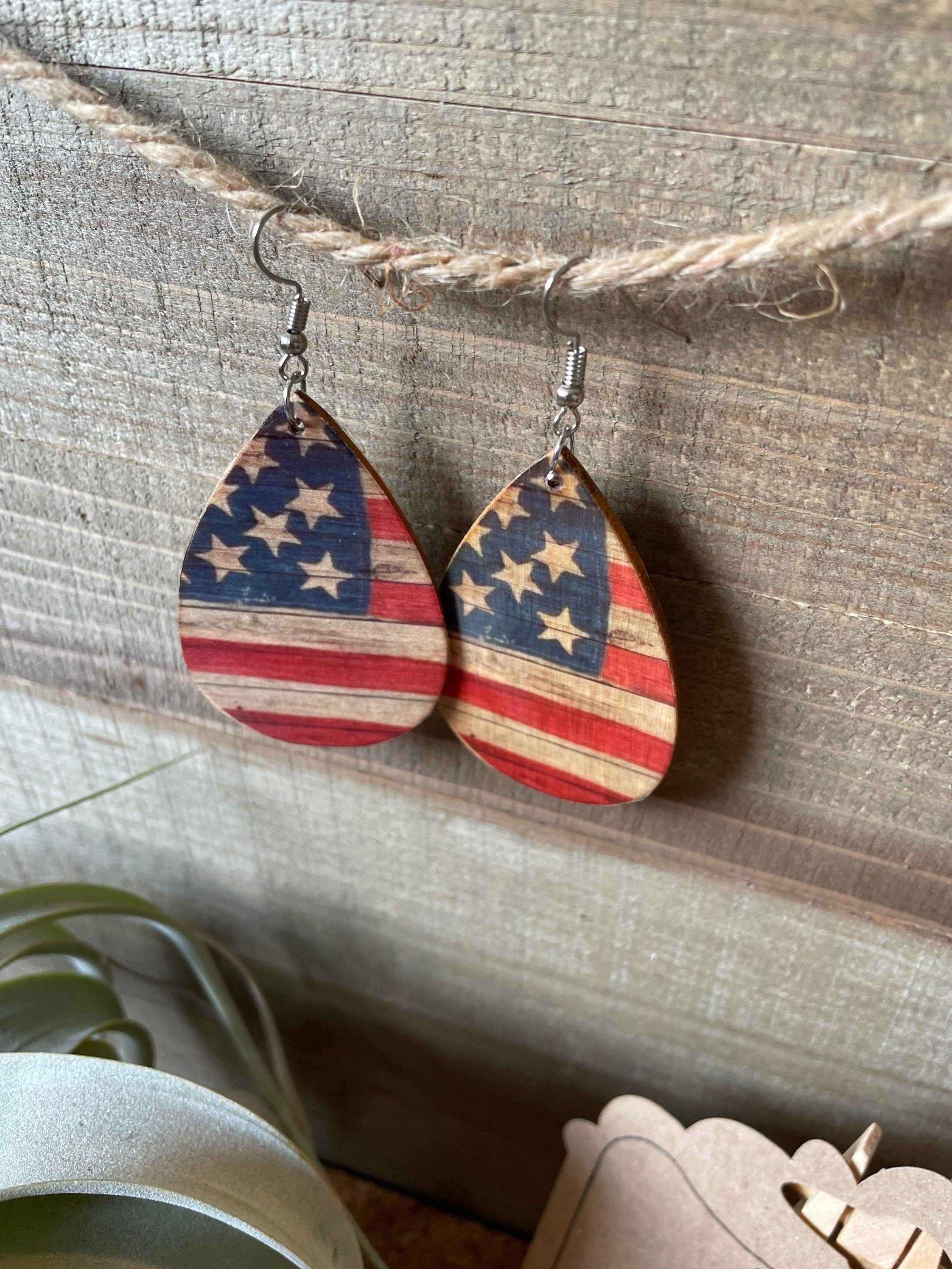 American Flag Wooden Earrings