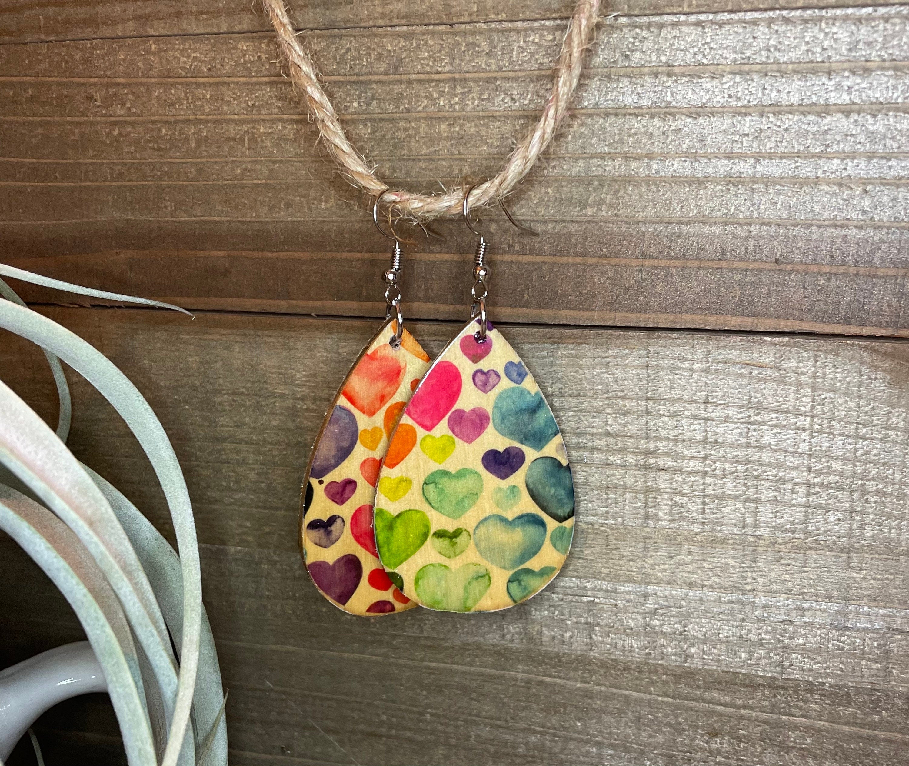 Watercolor Heart Wooden Earrings