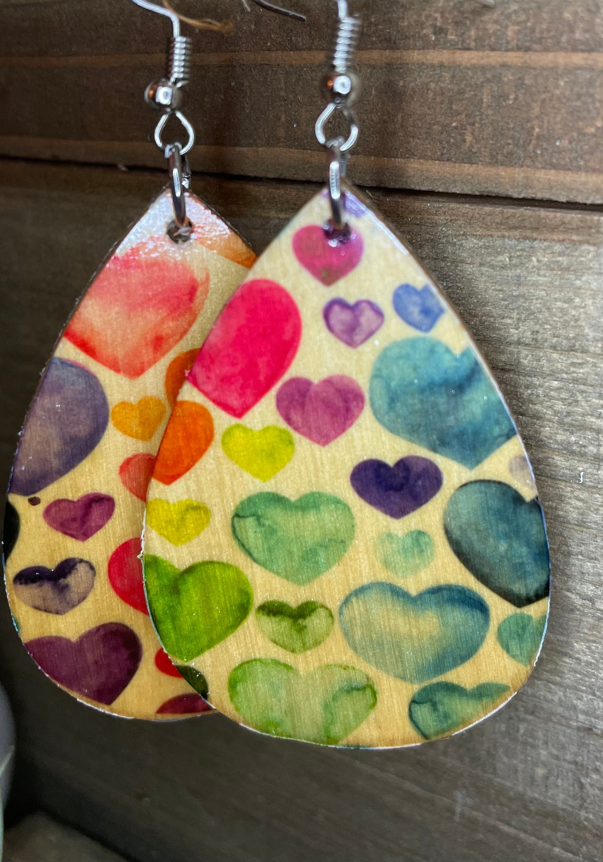 Watercolor Heart Wooden Earrings