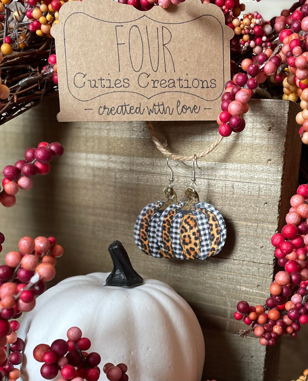 Leopard and Plaid Pumpkin Faux Leather Earrings