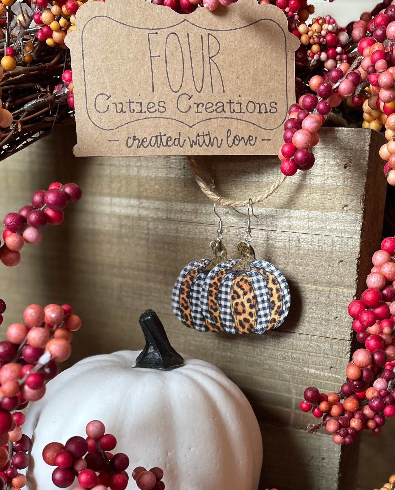 Leopard and Plaid Pumpkin Faux Leather Earrings
