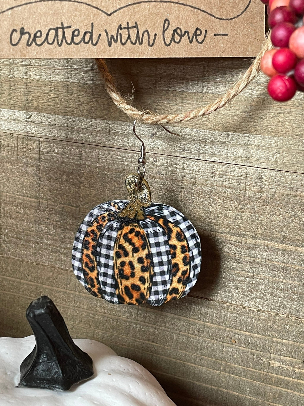 Leopard and Plaid Pumpkin Faux Leather Earrings