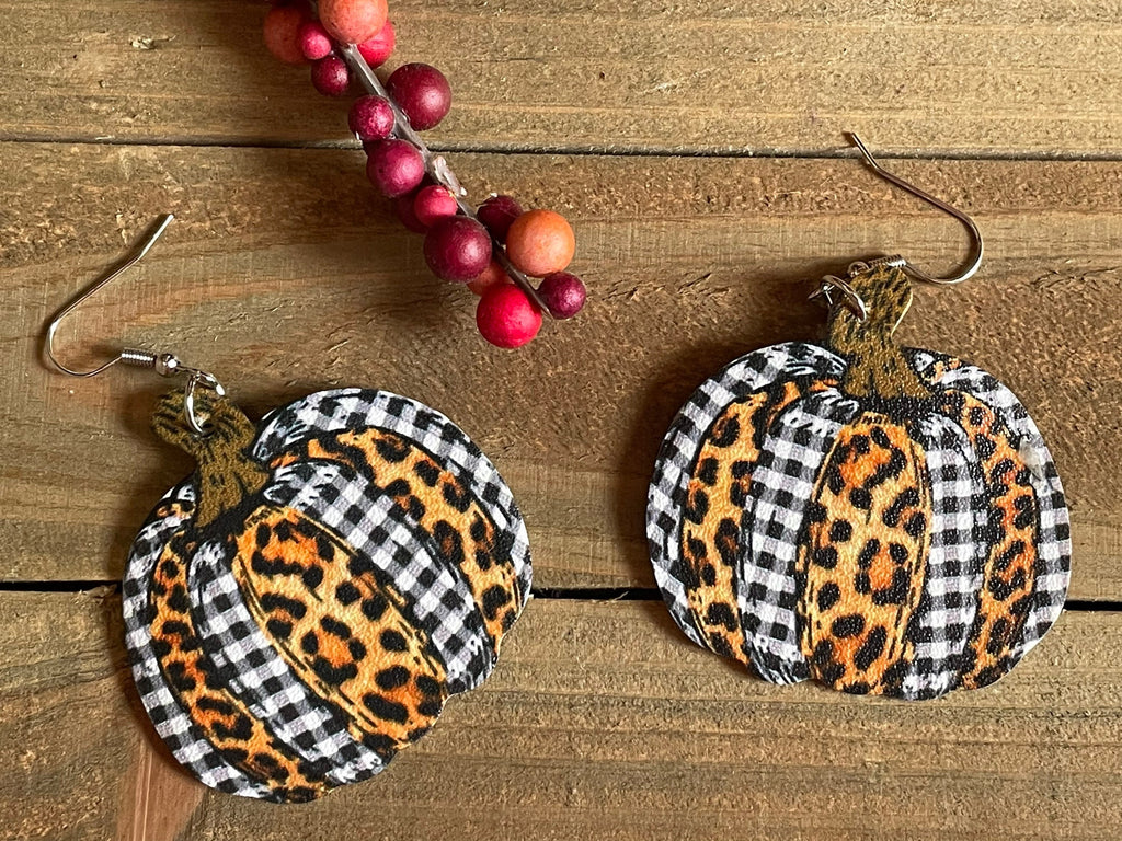 Leopard and Plaid Pumpkin Faux Leather Earrings