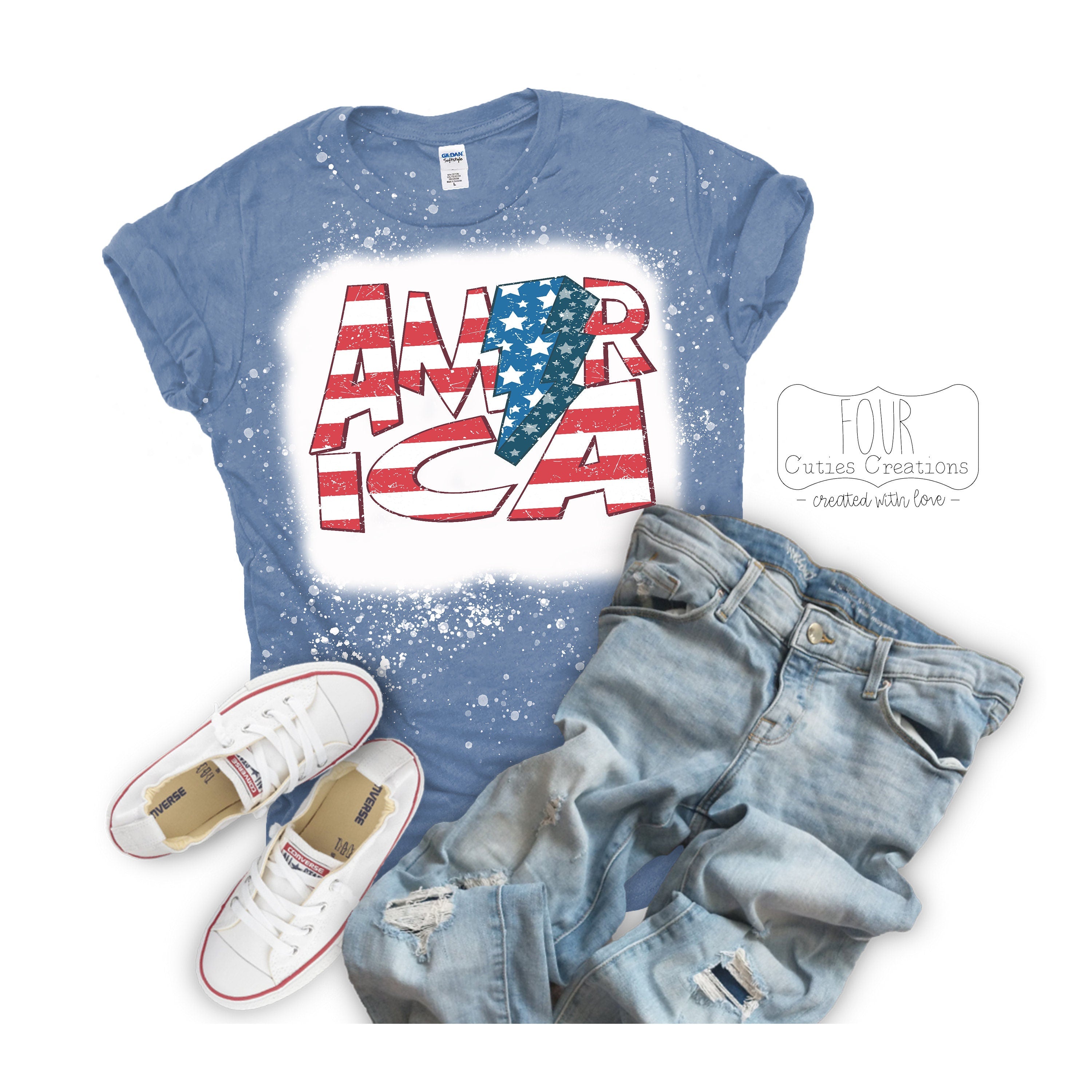 America Lightning Bolt 4th of July (Bleached or Solid) Tee