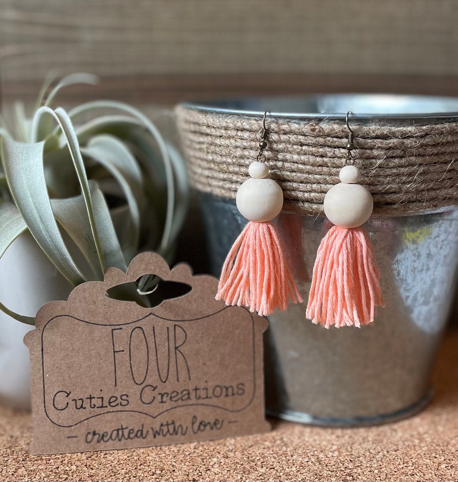Wood Bead Tassel Earrings
