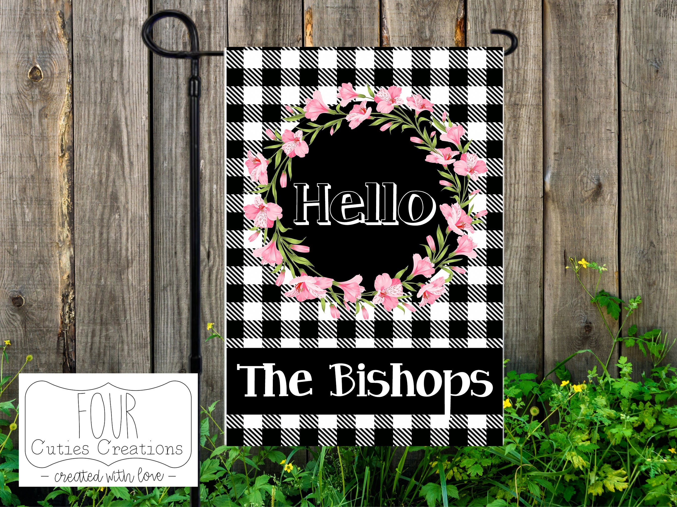Spring Flowers and Buffalo Plaid Personalized Garden Flag