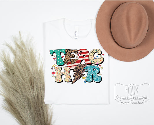 Teacher Leopard Lightning Bolt Retro Tee