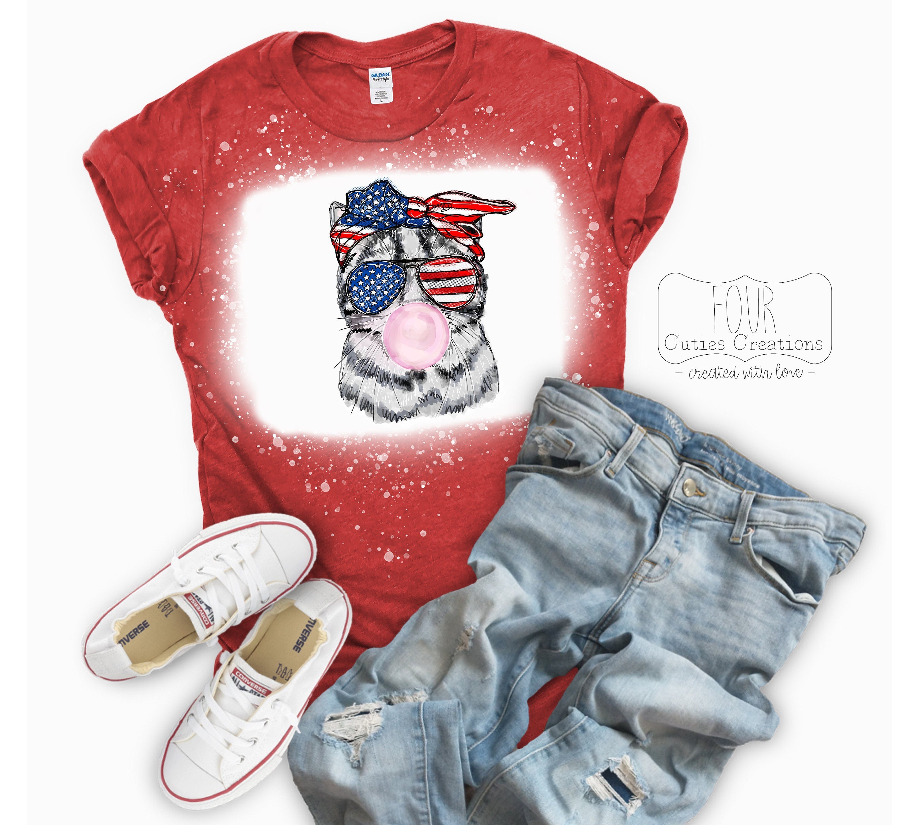 4th of July Patriotic Bubble Gum Pig or Cat (Bleached or Solid) Tee