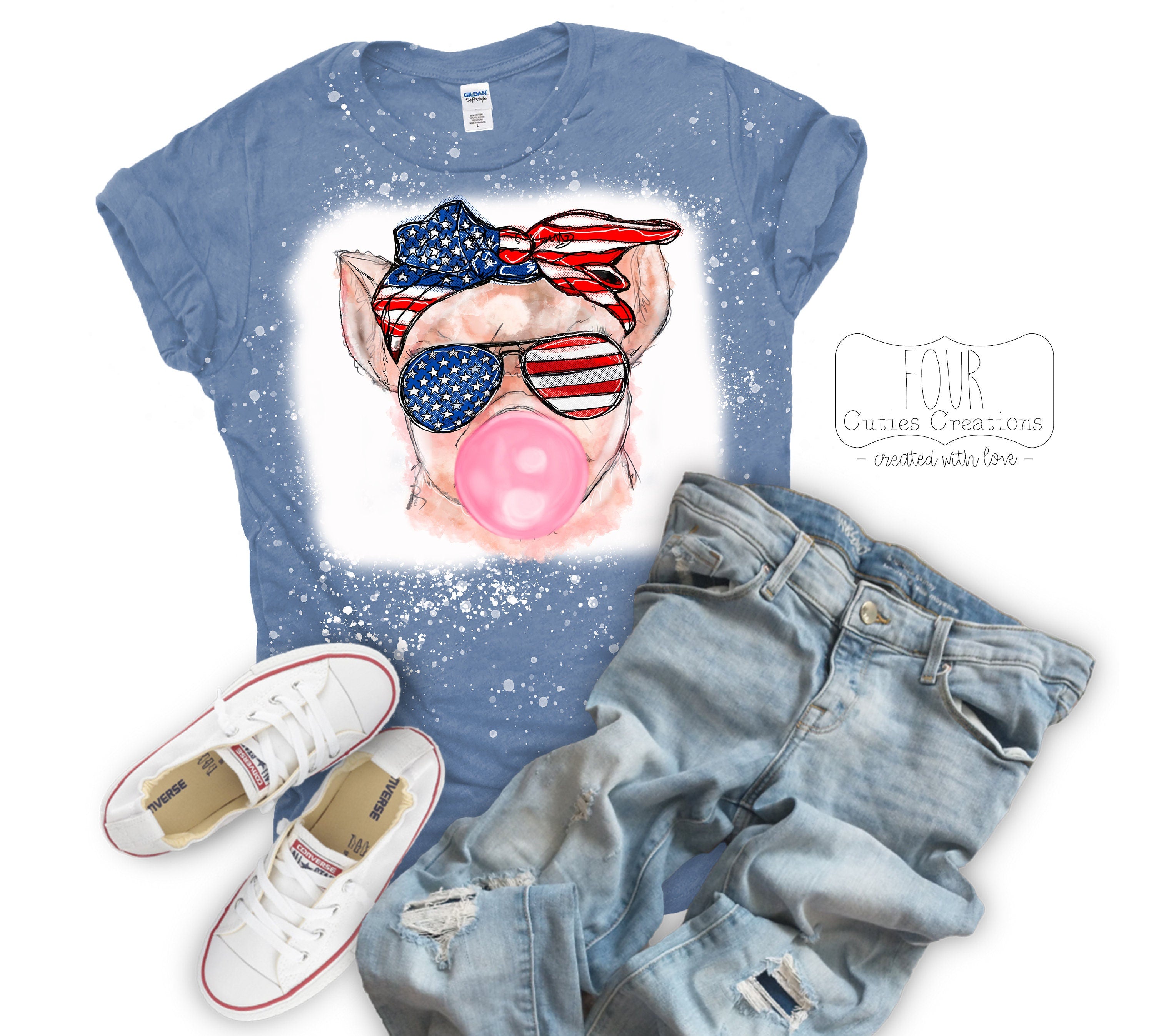 4th of July Patriotic Bubble Gum Pig or Cat (Bleached or Solid) Tee