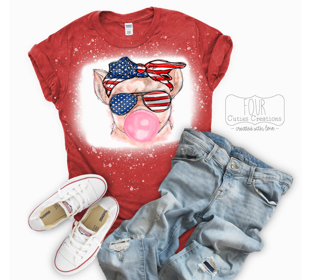 4th of July Patriotic Bubble Gum Pig or Cat (Bleached or Solid) Tee
