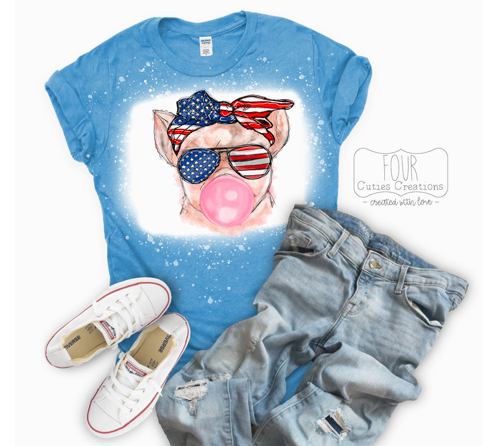 4th of July Patriotic Bubble Gum Pig or Cat (Bleached or Solid) Tee