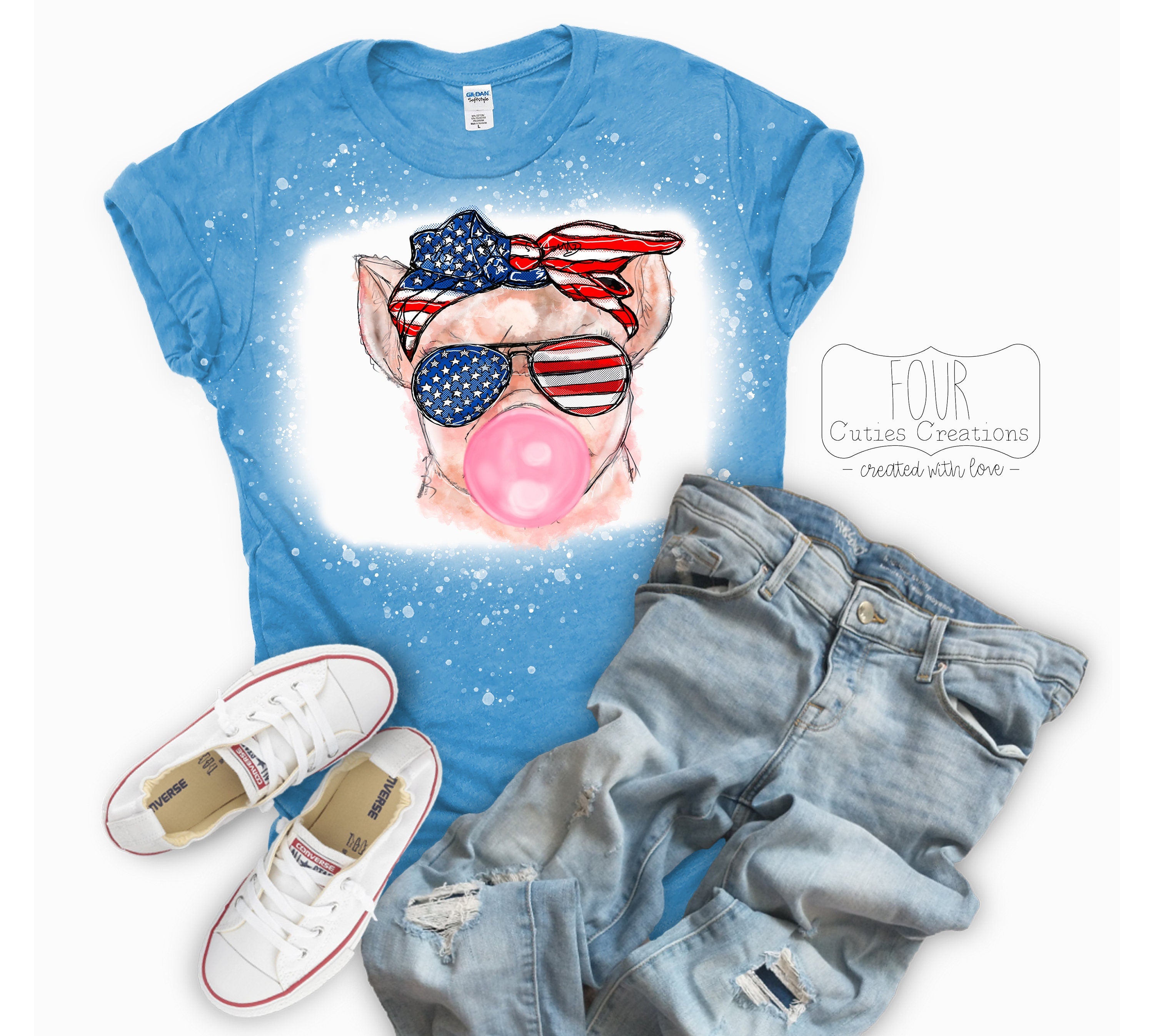 4th of July Patriotic Bubble Gum Pig or Cat (Bleached or Solid) Tee