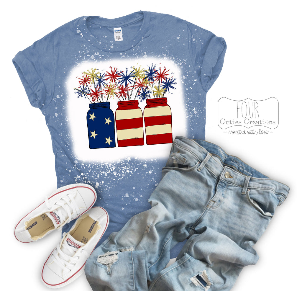 Sparklers in a Mason Jar American Flag Bleached or Solid Tee