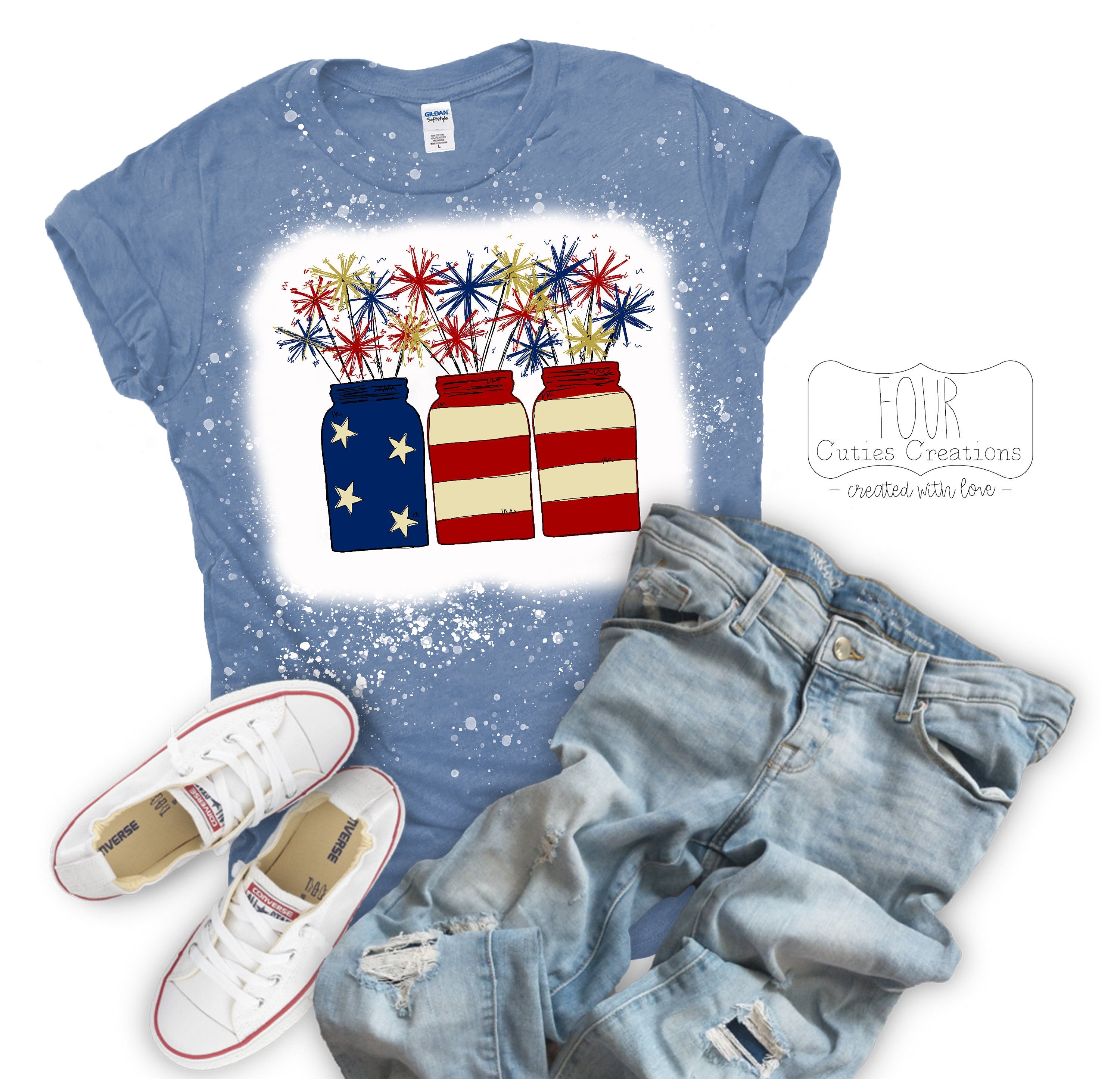 Sparklers in a Mason Jar American Flag Bleached or Solid Tee
