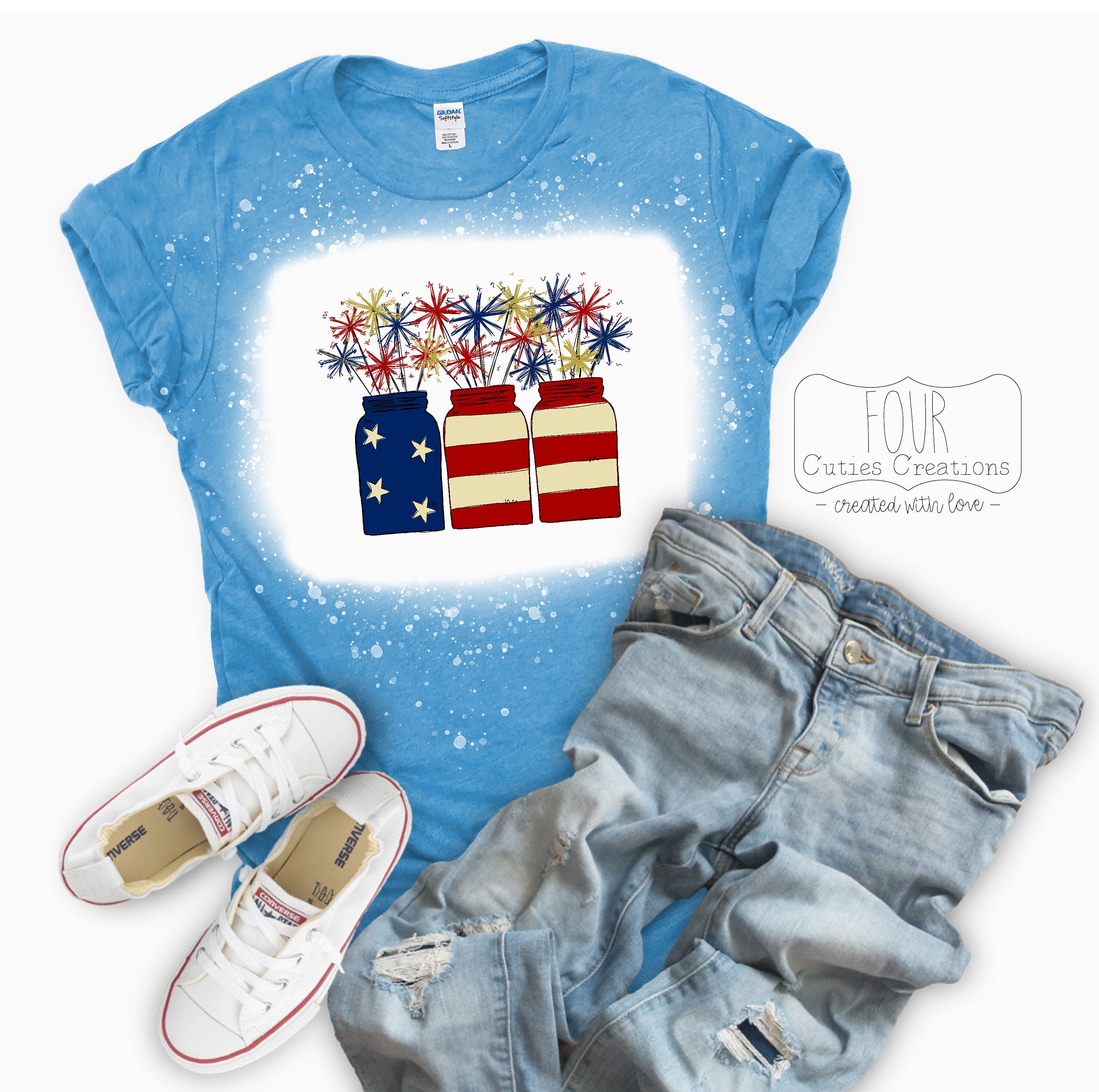 Sparklers in a Mason Jar American Flag Bleached or Solid Tee
