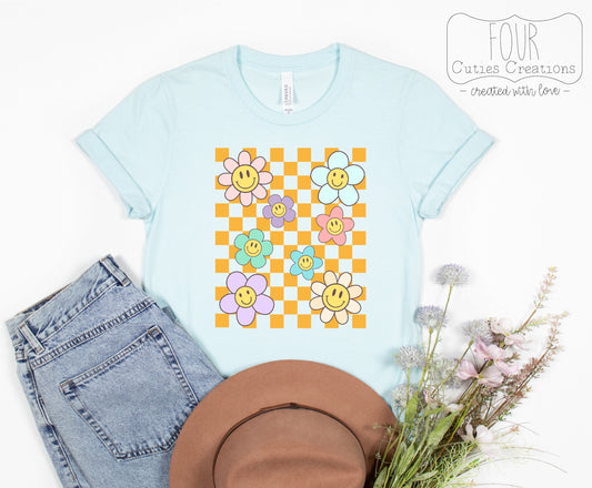 Checkered Smiley Face Flower Tee