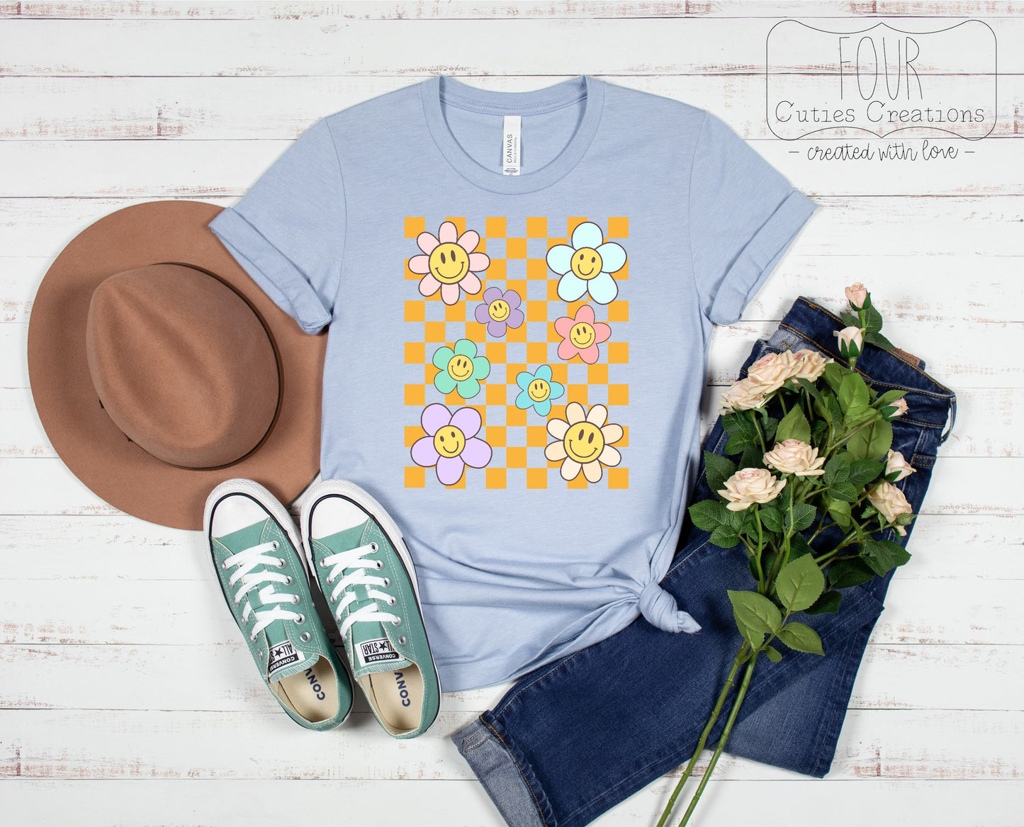 Checkered Smiley Face Flower Tee