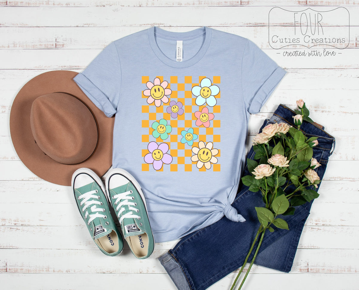 Checkered Smiley Face Flower Tee