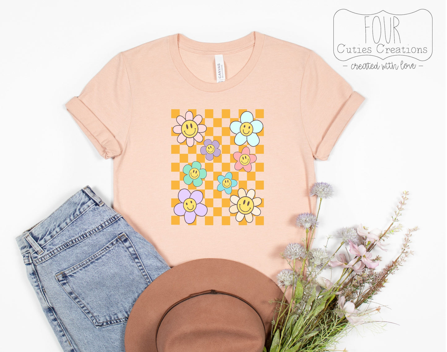 Checkered Smiley Face Flower Tee