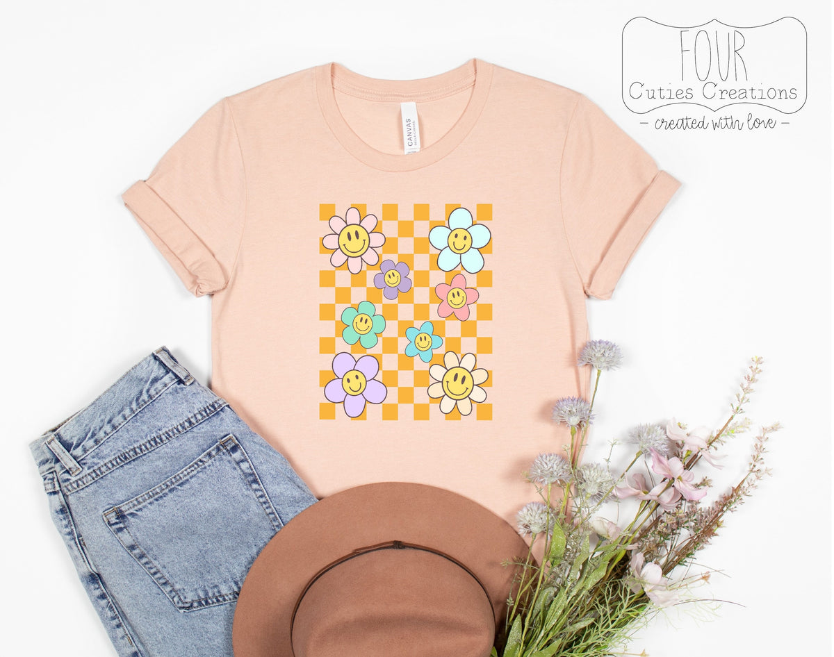 Checkered Smiley Face Flower Tee