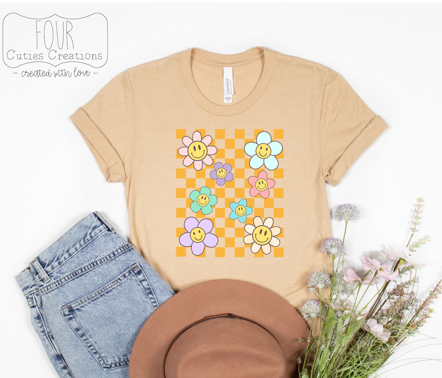 Checkered Smiley Face Flower Tee