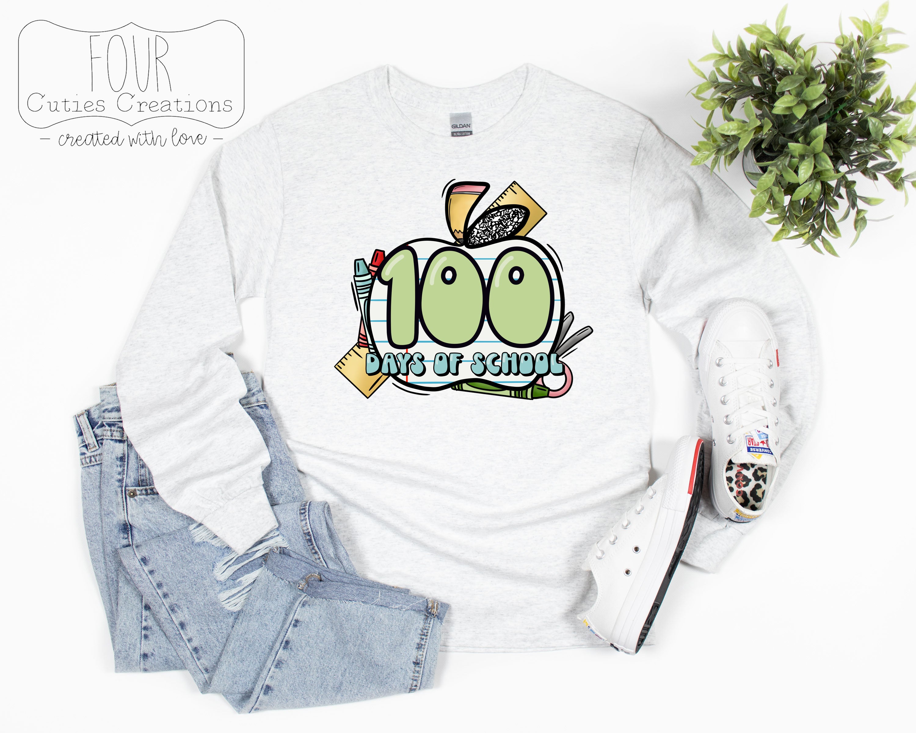 100th Day of School Retro School Supply Apple Shirt