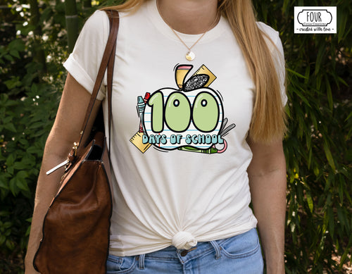 100th Day of School Retro School Supply Apple Shirt