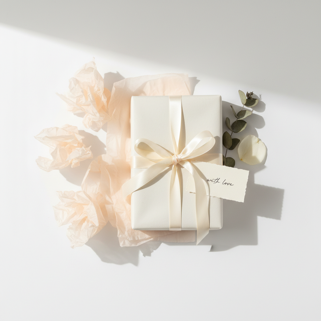 Minimalist premium gift wrapping with ribbon bow and gift tag on white background